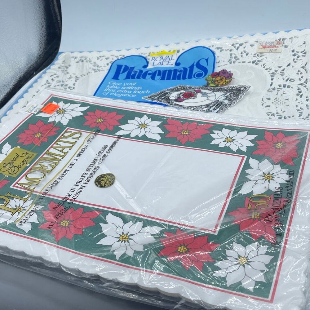 Vintage Woolworth paper placemats lace and poinsettias. Ephemera crafts